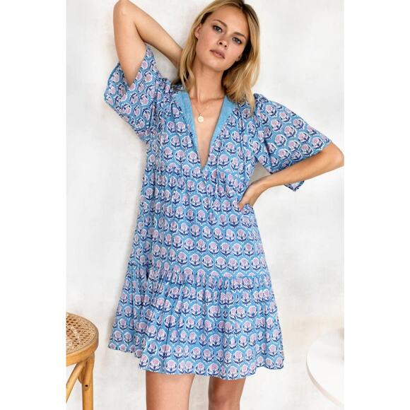 Emerson Fry Dress Womens Medium Large Blue Floral Tiered Ruffle V-Neck Boho - Picture 1 of 6